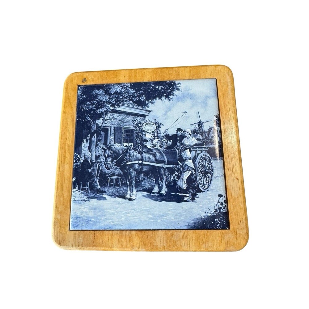 Vintage Royal Mosa Holland Blue Delft Tile Hand Decorated Windmill Horse Framed